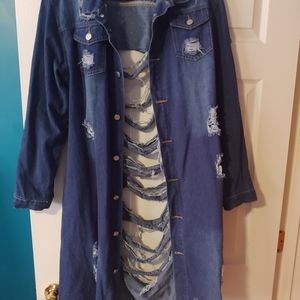 Distressed Long Length Denim Jacket